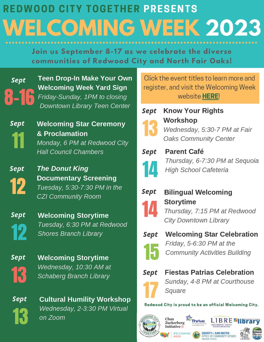 Join us September 8-17 for Welcoming Week as we celebrate the diverse communities of Redwood City and North Fair Oaks. For more information and to view the full lineup of events for Welcoming Week 2023, click here: redwoodcity.org/departments/li….