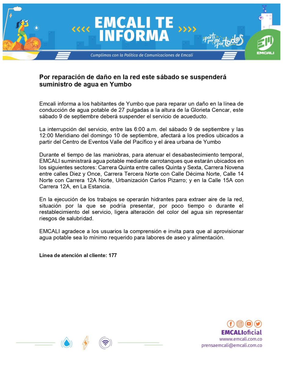 EMCALIoficial's tweet photo. #Atención #Yumbo 📣📣

Por trabajos de reparación🚧 de daño en la red. Este sábado se suspenderá suministro de agua💧 en Yumbo.

#EmcaliMasCercaDeTi https://t.co/KQdllJo6EL