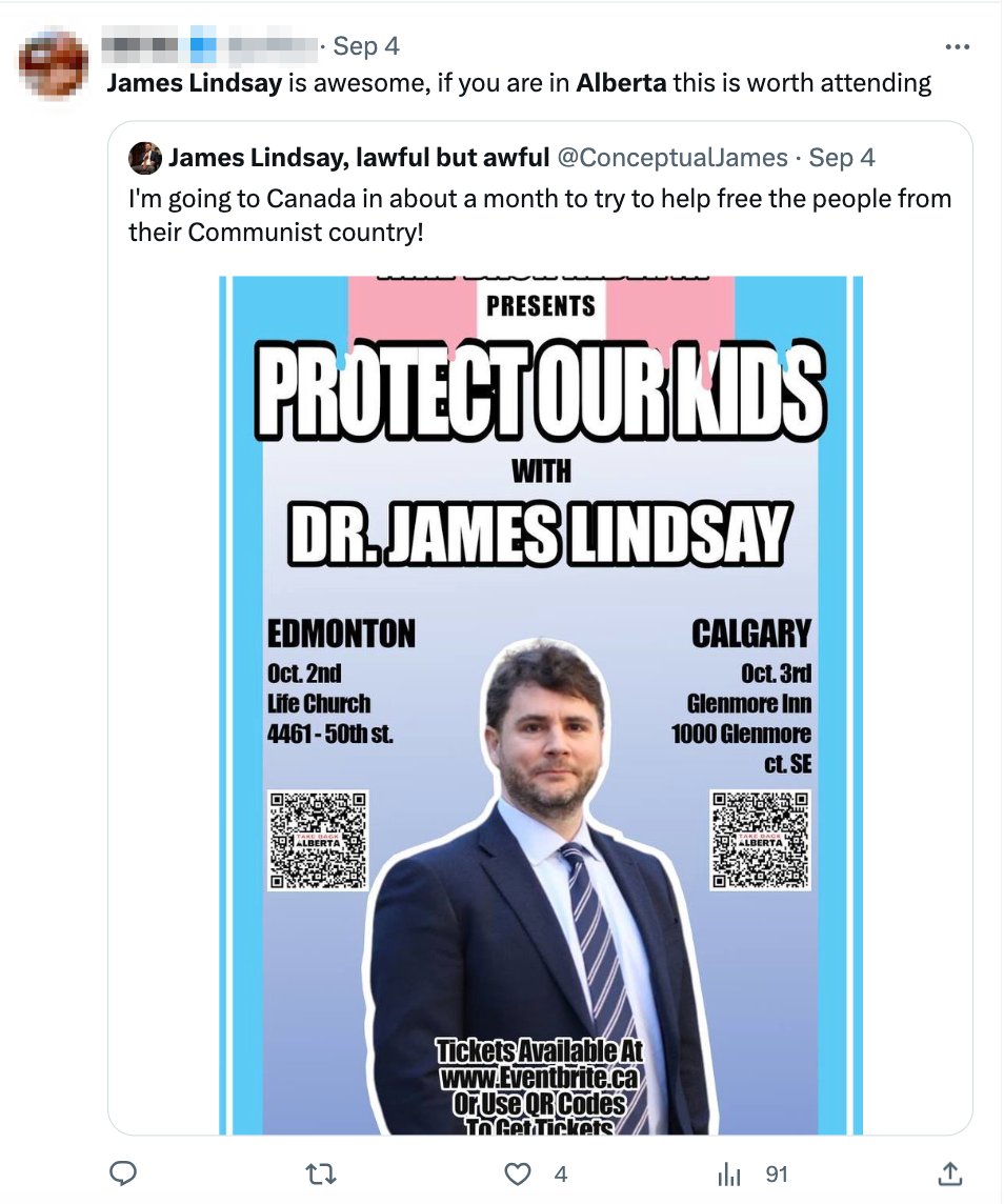 jnorcr's tweet photo. James Lindsay is most definitely not "awesome".
Progressives and communitarians in #Alberta (#Calgary, #Edmonton) will need to stand up and counter this importation of far right US politics in October.
#NewDiscourses and #MomsforLiberty are bad news.
#NoRoomforHate https://t.co/a7rXzUbpiT
