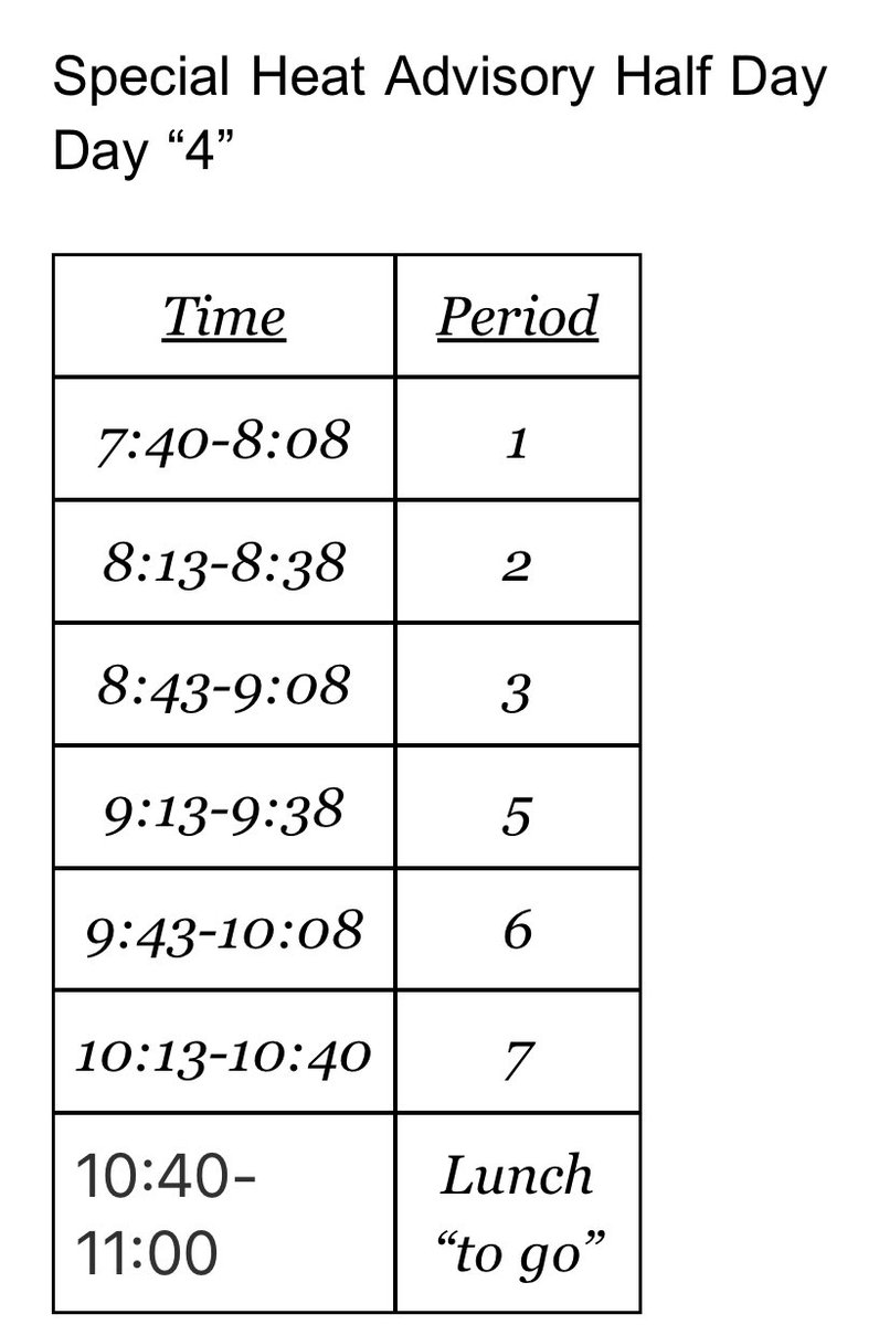 NAHS Bell Schedule for Friday, 9/8 Half Day. Still a Day-4. Seniors with Senior Privilege should arrive at 8:05am.