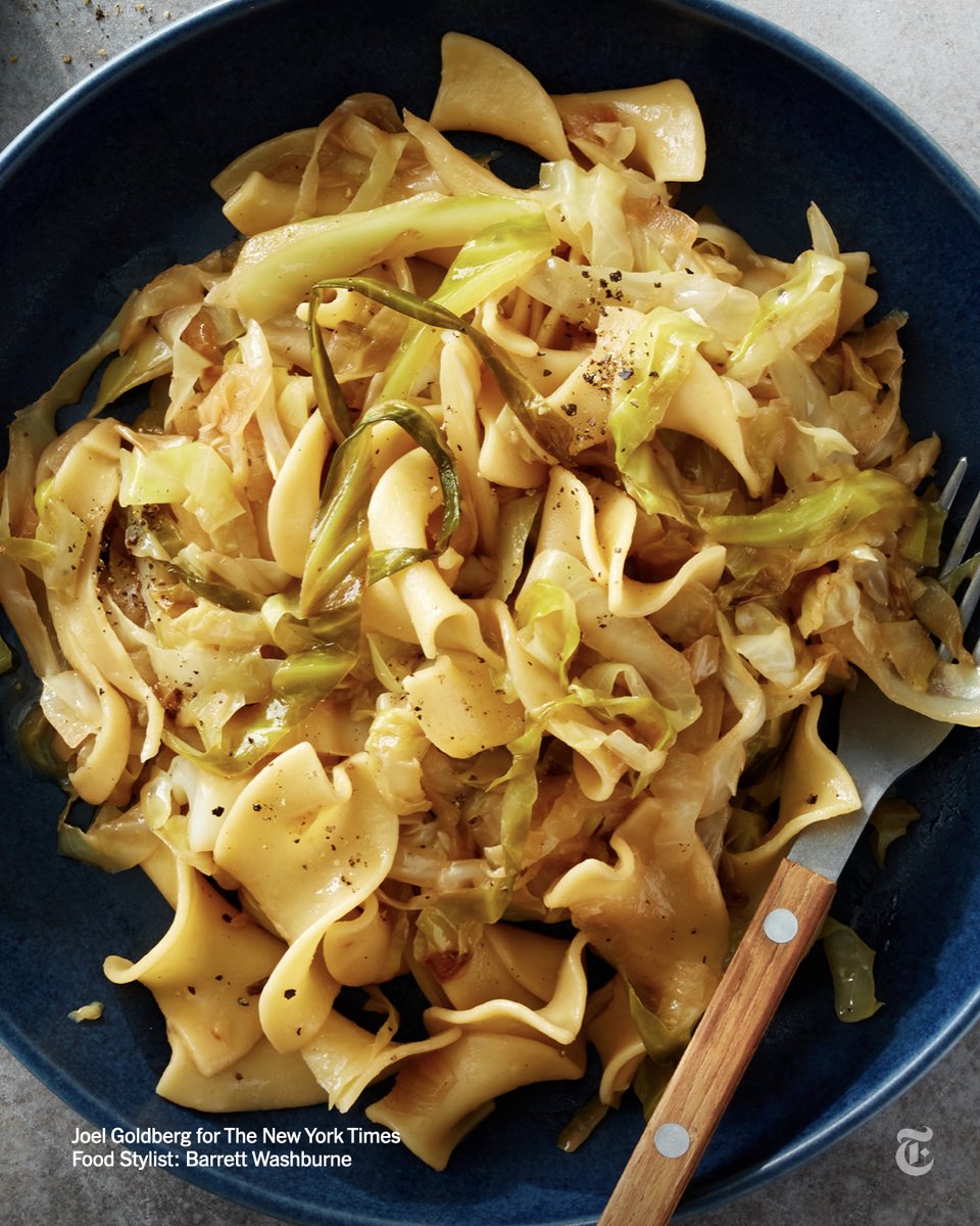 nytimes's tweet photo. "This dish is a forgotten childhood memory." Haluski is a Central and Eastern European dish of sweet, buttery cabbage and onions tossed with dumplings or noodles. https://t.co/vEdaGCmDtI https://t.co/TE6KcgI5RV