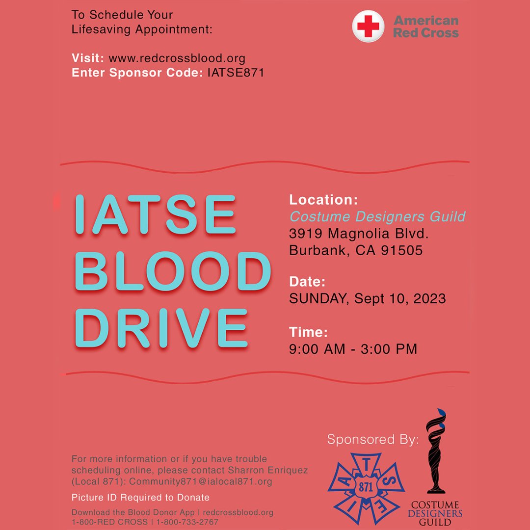 animationguild's tweet photo. The #RedCross needs you! Please sign up for the #IATSE #Local871 Blood Drive this Sunday 9/10. You can register for a time to donate between 9am and 3pm. Go to https://t.co/UsLjCFfNcs and search IATSE871. Every blood donation helps save lives! https://t.co/H8hGHkvCdY