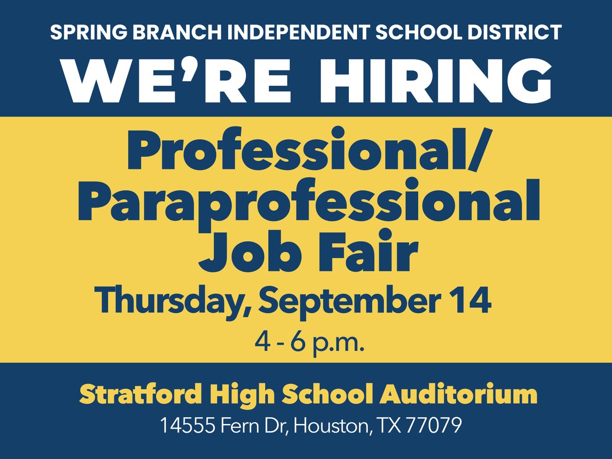 SBISD's tweet photo. Join @sbisdhr for a Job Fair on Thursday, Sept. 14 at the Stratford High Auditorium! Find more info on how to join our SBISD team at https://t.co/kSOpFczHlw

🗓️ Thursday, Sept. 14
⏰ 4 - 6 p.m.
📍 @StratfordSBISD Auditorium https://t.co/4e28bytgOE