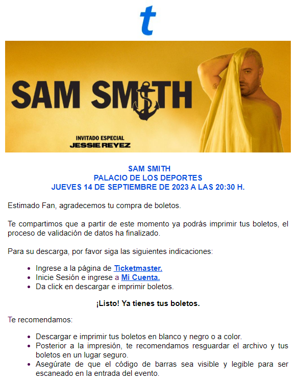 mx_tickets's tweet photo. A partir del día de hoy se pueden descargar e imprimir los boletos Ticketfast (PDF) para los conciertos de Sam Smith del 14 y 15 de septiembre
#ticketfast #samsmith #palaciodelosdeportes #pdf #ticketmaster https://t.co/p7rAPU1w5b