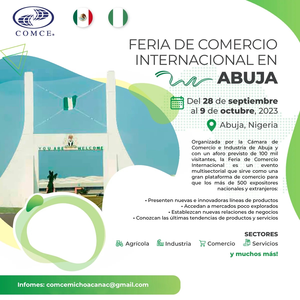 ComceMichoacan's tweet photo. FERIA DE COMERCIO INTERNACIONAL EN ABUJA

Sé parte  a una de las plataformas comerciales más grandes.
🗓️Del 28 de septiembre
al 9 de octubre 2023
#comerciointernacional
#SomosCOMCE https://t.co/WLXYZZLyiO