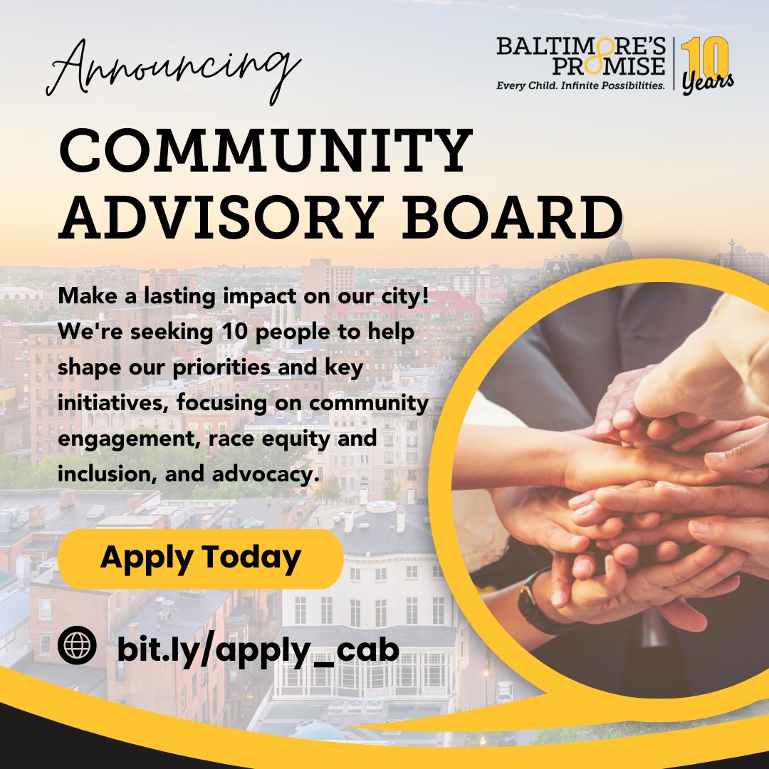 BMoresPromise's tweet photo. New Opportunity! Be part of Baltimore's Promise’s new Community Advisory Board. If you're passionate about positive change and building a more inclusive and equitable #Baltimore, apply or nominate a leader today. Learn more at https://t.co/6tCdOPs41m.

#BrighterBaltimore https://t.co/MQl1BIpmSv