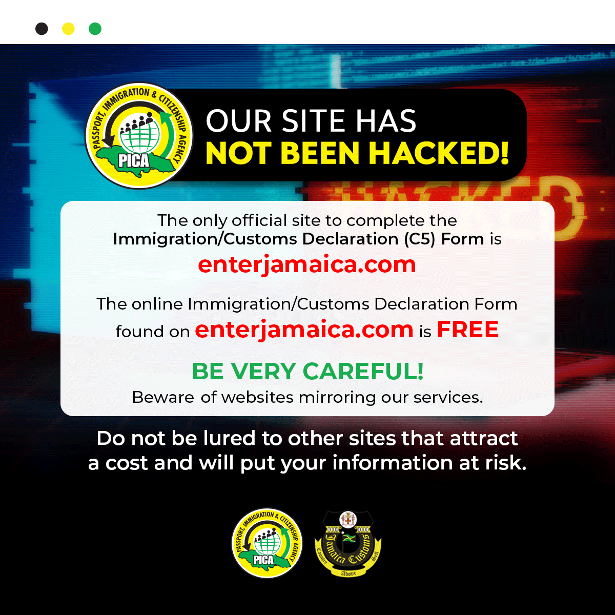 PICAJamaica's tweet photo. The official https://t.co/qLXK4TzWcO website offers a FREE, secure platform for passenger declaration submissions to Jamaican Immigration and Customs officials at ports of entry. https://t.co/DTLJWJia75