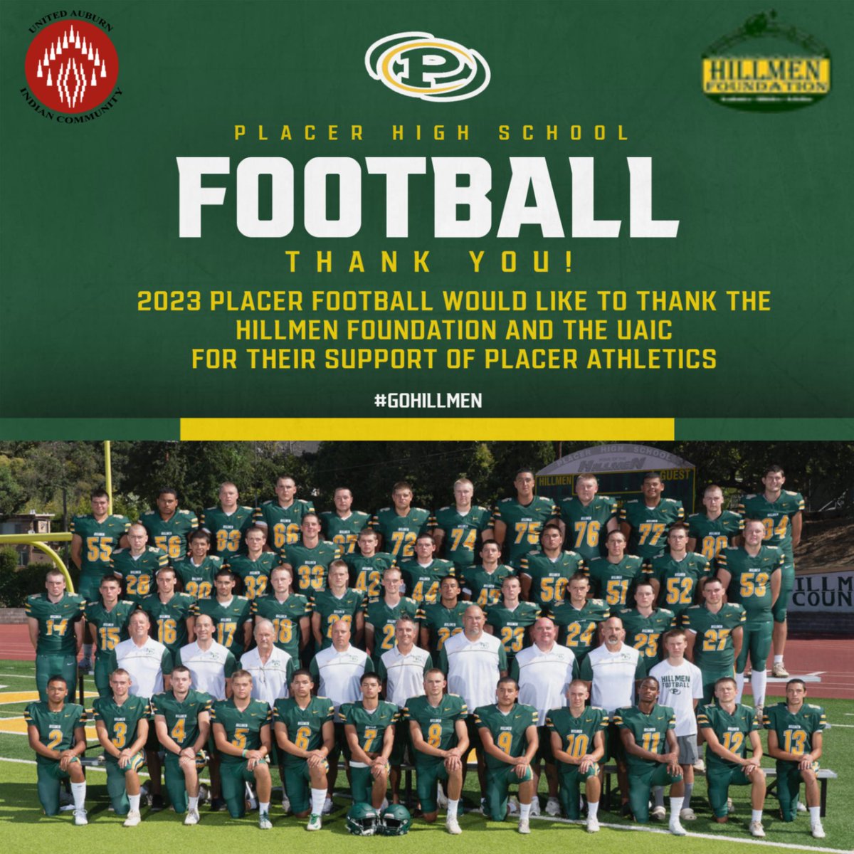 Thank you to the Hillmen Foundation and the UAIC for their contributions to Placer Athletics for protective gear and new uniforms!
IT'S GREAT TO BE A HILLMAN!