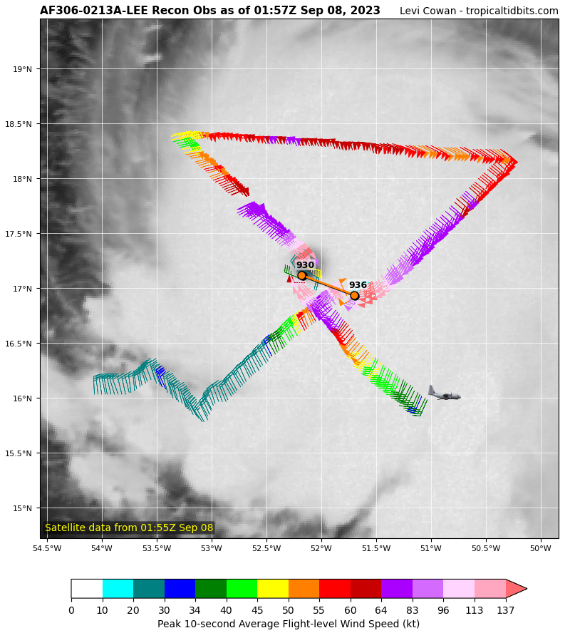 AlexCorderoWX's tweet photo. 6 millibar drop from earlier pass.

61 millibar drop over the last 30 hours or so.

#Lee has not stopped. https://t.co/6AHp0ADotI