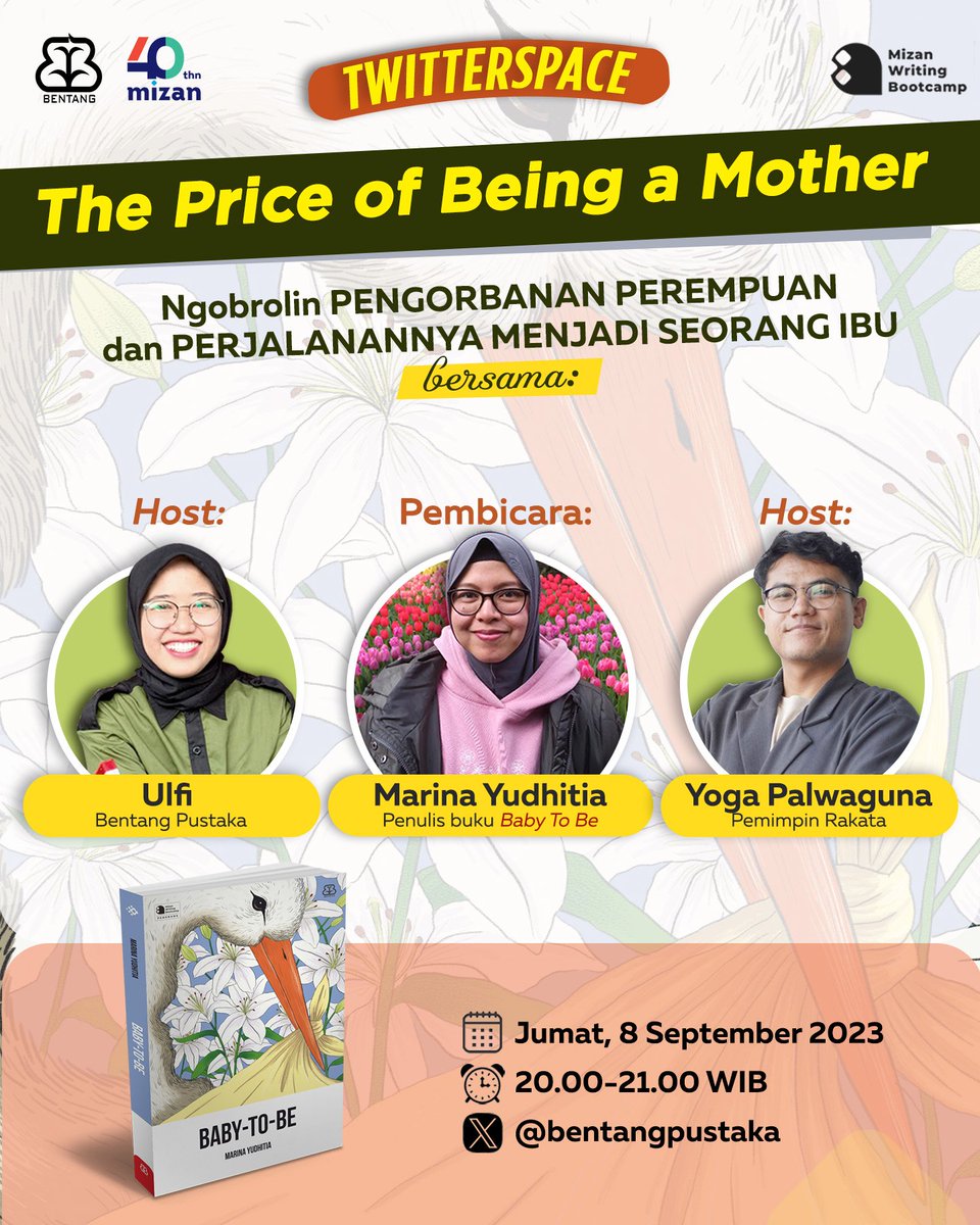 bentangpustaka's tweet photo. Jangan lewatkan obrolan inspiratif dengan Kak Marina Yudhitia, penulis buku “Baby-To-Be”, nanti malam, ya! Kita akan membahas tentang pengorbanan, perjuangan, dan kekuatan perempuan dalam menjadi seorang ibu. Yuk, ikuti diskusi seru dan menginspirasi ini! 💪❤️

 #BabyToBe https://t.co/OKJ2bDMOki