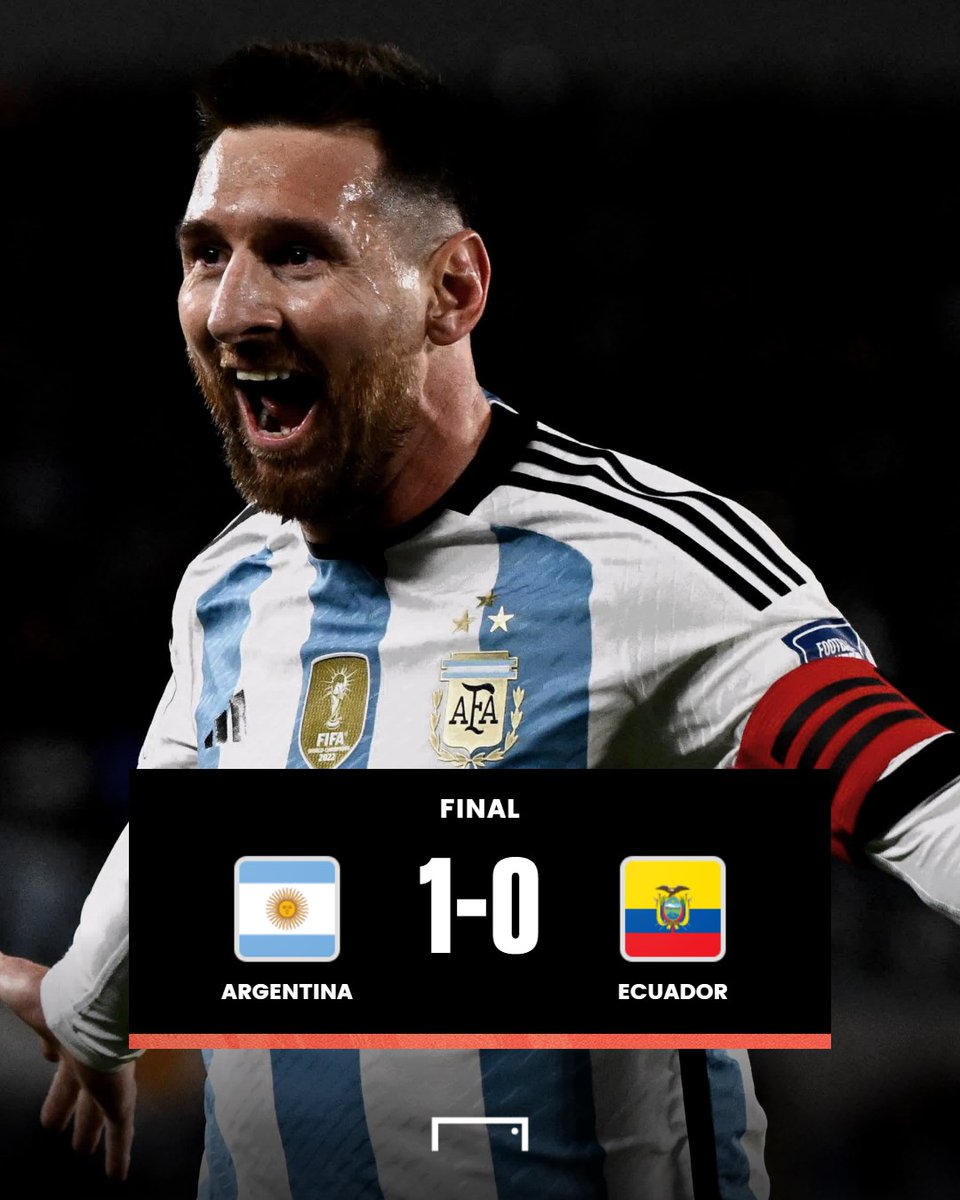 Goal_en_espanol's tweet photo. ¡Final del partido! ⏰

Argentina suma 3 puntos en su debut en las Eliminatorias Sudamericanas gracias a un GOLAZO de tiro libre de Lionel Messi 🇦🇷 https://t.co/NYoJNI8bqc