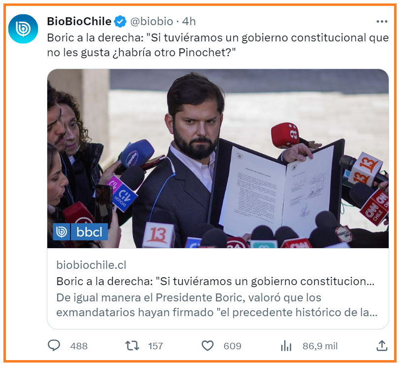 sergiou01329861's tweet image. Esta provocación a la derecha, es grosera.
Decir que al gobierno de Allende se le puso fin porque no le gustaba a la derecha, es enfermizo.
Te creo que lo diga Carmen Hertz, pero el Presidente...?
¿No se ha enterado de lo mal que estaba el país? Esto sí que es negacionismo.