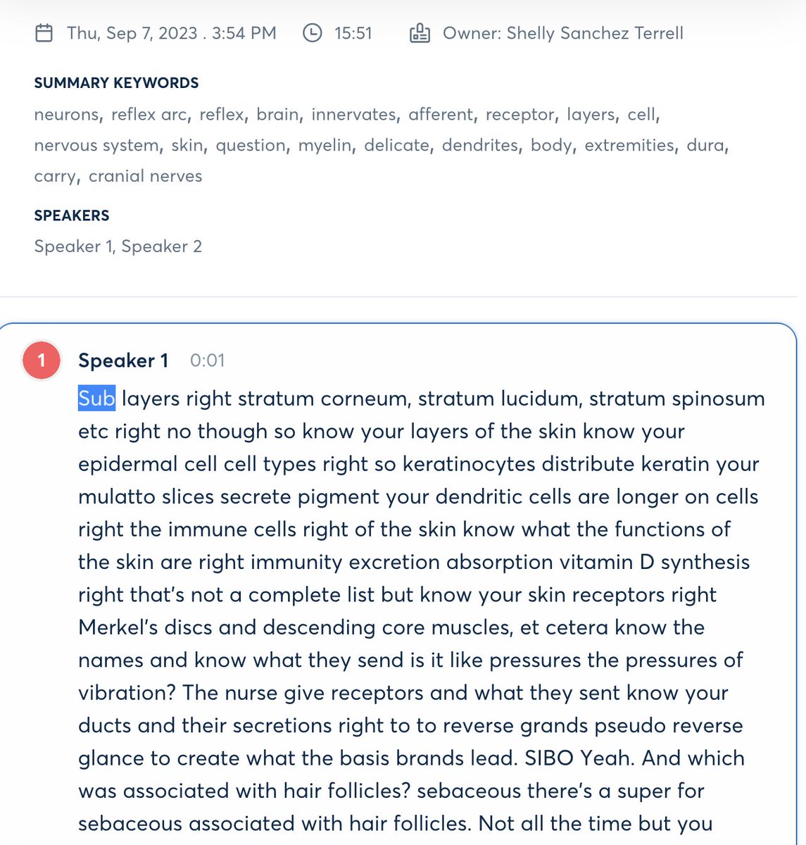 ShellTerrell's tweet photo. You can use AI to transcribe audio. I used https://t.co/MUNntopjub to upload a 15 min audio of a live lecture (Image 1: Otter Transcript). Image 2 shows the prompt I used in ChatGPT to make sense of it & 3 is the summary of key items. 4 are the questions & answers. #MyAIprocess https://t.co/tQeOc0QIFT
