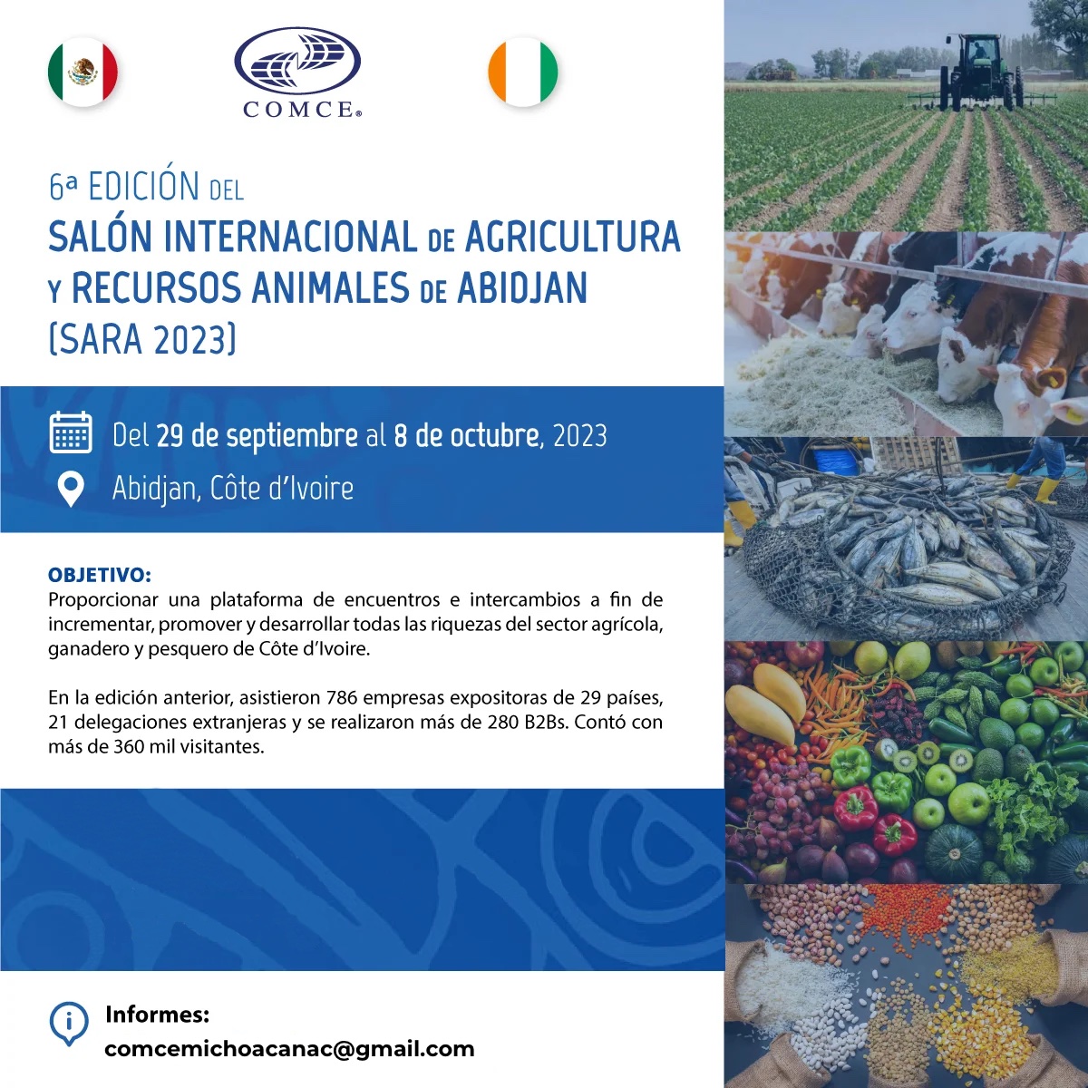 ComceMichoacan's tweet photo. COMCE te invita a:
6a EDICIÓN DEL SALÓN INTERNACIONAL DE AGRICULTURA
Y RECURSOS ANIMALES DE ABIDJAN
[SARA 2023]
Del 29 de septiembre al 8 de octubre

Más información: comcemichoacanac@gmail.com https://t.co/sHQyowAa10