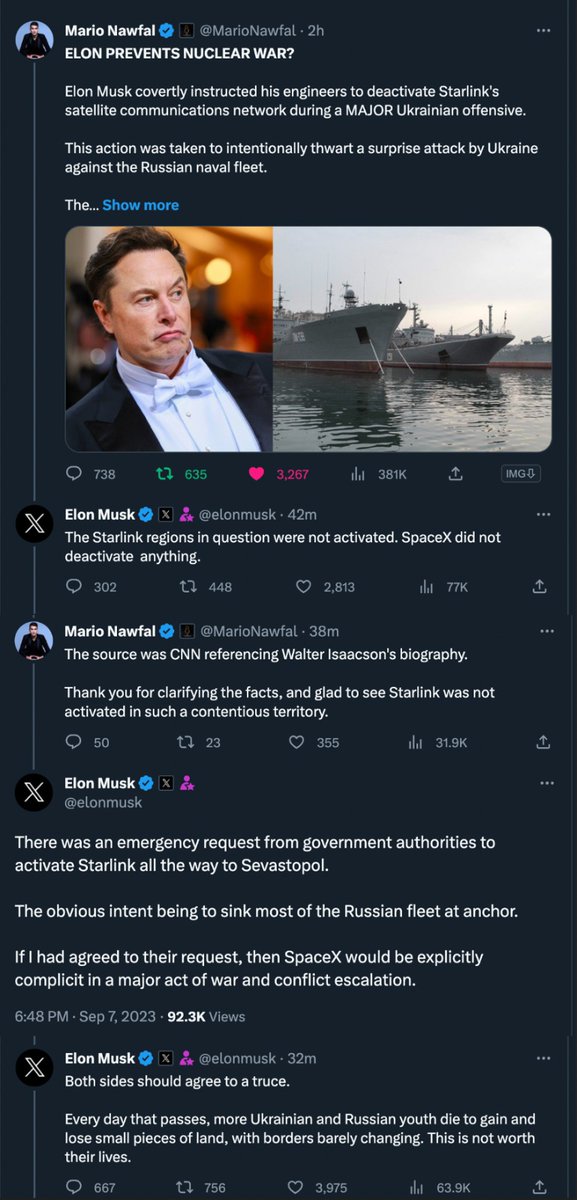 MarioNawfal's tweet image. 🚨 BREAKING: ELON DEBUNKS CNN | PREVENTS POTENTIAL NUCLEAR CONFLICT

Elon just confirmed the U.S or Ukrainian Government requested him to play a significant role in a MAJOR ESCALATION in the Ukraine war.
 
CNN reported that Elon deactivated his Starlink satellites in response to…