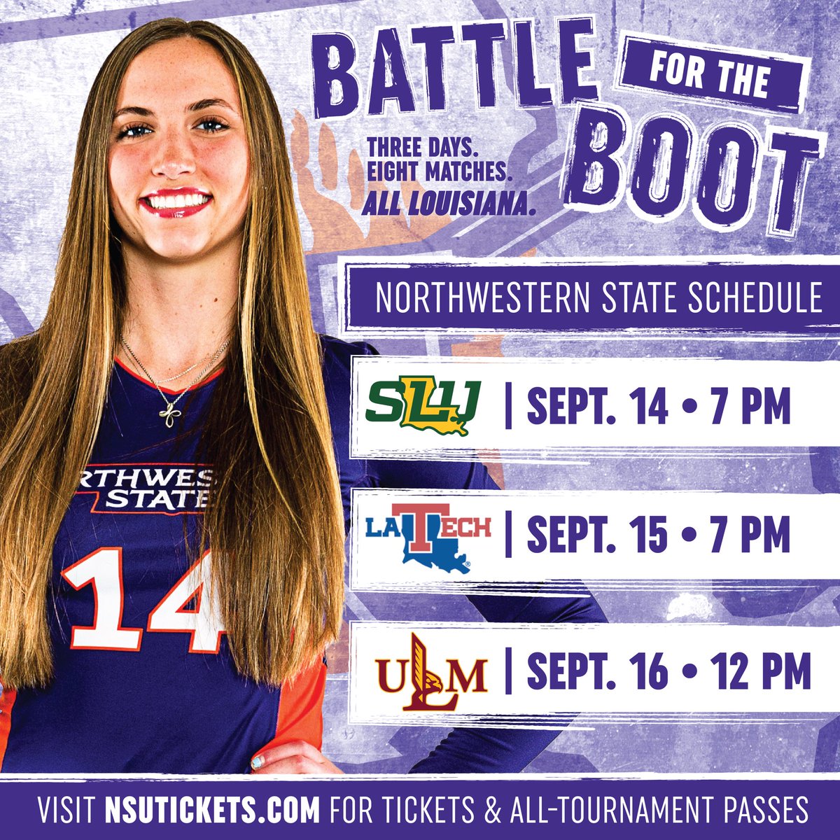 NSUDemonsVB's tweet photo. We’ll see a lot of competitive volleyball in Prather next week, but these are the matches our Demon fans are going to want to add to their calendars 🔥🤘
#BattlefortheBoot #ForkEm https://t.co/mZbywowRzs