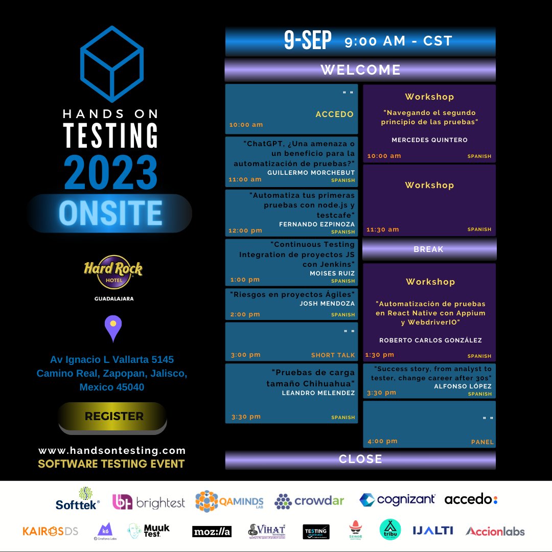 handsontesting's tweet photo. ¡Te invitamos a celebrar el Día del Tester 🔎🐞 en el Hotel Hard Rock Guadalajara y a prepararte para todas las increíbles sorpresas 🎁 que hemos preparado para ti!
Consigue tu entrada aquí:https://t.co/kjOTyXOo6x
#HandsOnTesting #qaminds #QAminders #softwaretesting #testing https://t.co/h8gVpe2F7C