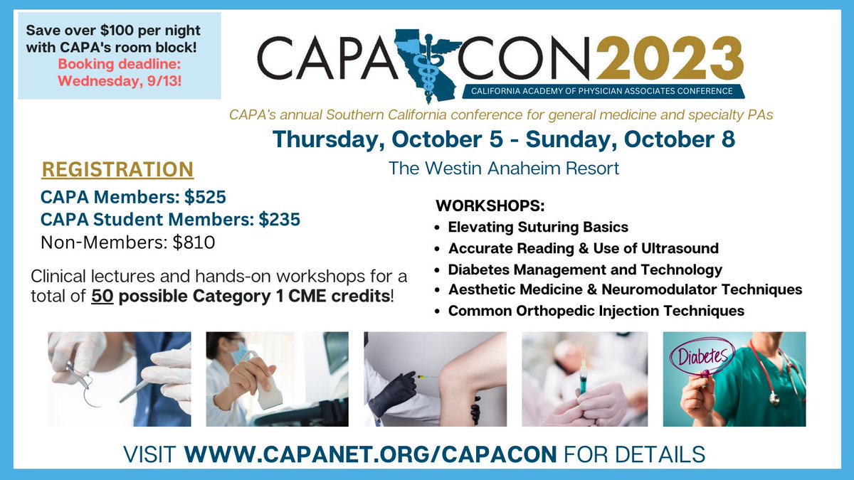 CAPASpeaks's tweet photo. CAPACon: Elevate your technical skills with 50 CME credits, clinical lectures, and practical workshops!
Register at https://t.co/1giV6ZBkdU
#capaspeaks #CAPACon #SeeYouAtCAPACon #CaliforniaPAs #PAs #CAPhysicianAssociates #PAStudents https://t.co/dvbL5vdjuc