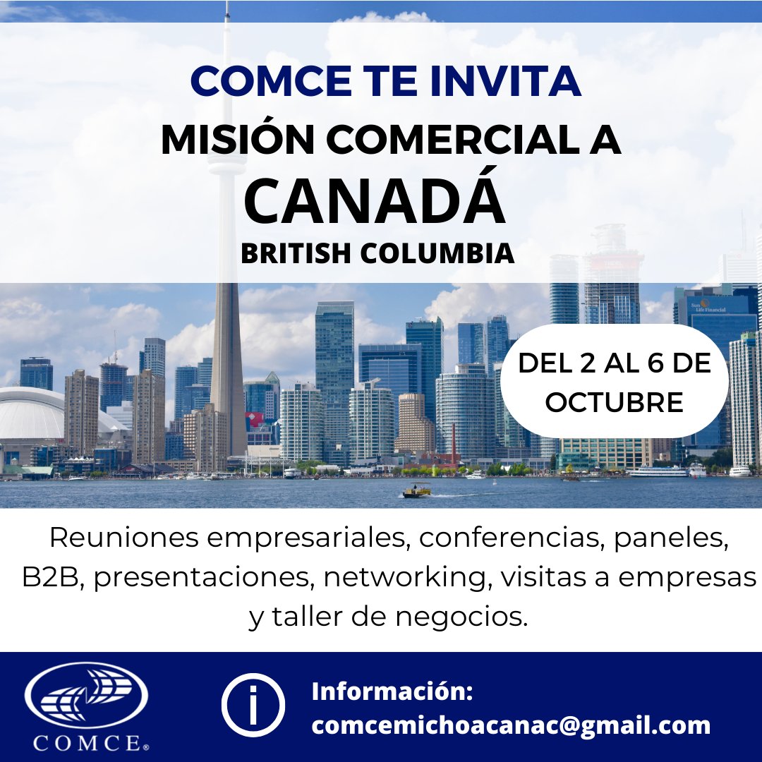 ComceMichoacan's tweet photo. 📢¡No te lo pierdas!
MISIÓN COMERCIAL A CANADÁ

🗓Del 2 al 6 de octubre
Conoce el ambiente de negocios para las empresas mexicanas en Canadá

Más información: comcemichoacanac@gmail.com

#misioncomercialacanada
#COMCE https://t.co/WEbgZ3M3JH