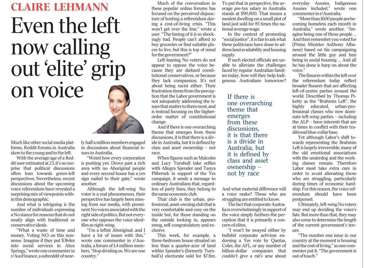 clairlemon's tweet photo. Spent the last week trawling through r/Australia, r/Auspol, r/Ausfinance. A lot of young left-leaning people are voting 'No'. 

And if there is one theme that emerges from these fora, it is that there is a divide in Australia, but it is defined by class &amp; asset ownership–not race https://t.co/2BCvhd6siy