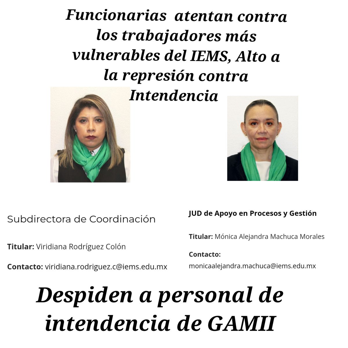 einstnew's tweet photo. Personal de confianza de @IEMS_CDMX GAM 2 despide, hostiga y fiscaliza laboralmente al personal de intendencia, todo por órdenes de la coordinadora Viridiana se aprovecha del outsourcing @SECTEI_CDMX @martibatres @uladimir @Congreso_CdMex @IemsComunidad @SutiemsOrg @profesorJMDC https://t.co/0jHD7DklgB