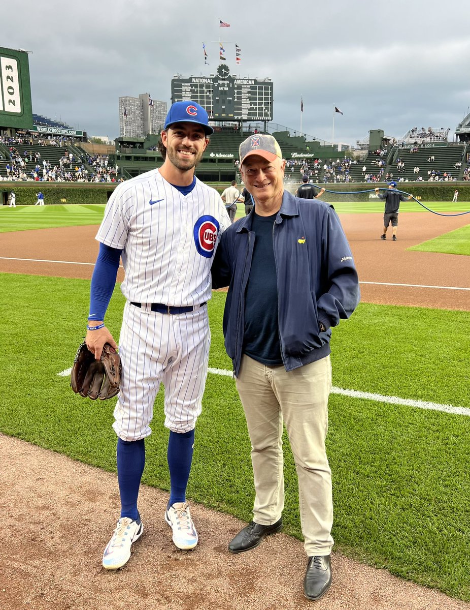 GarySinise's tweet photo. So much fun to be here with @LieutenantDans7 at my favorite place in the world, Wrigley Field. Go @Cubs!!! https://t.co/JWHI73r8ge