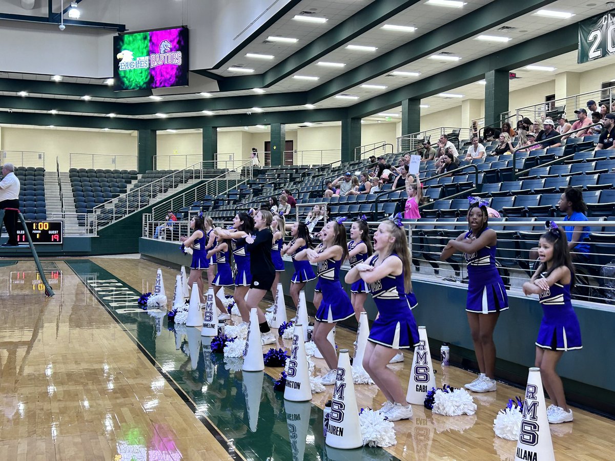 KariRoan's tweet photo. What I love about this 📸(besides all of the 💜 ) is how it shows the support @ProsperRushing has for all of our students across their varied interests!  One Raptor finished her @GirlsRushing 🏐game and then headed to 📣 on her team as a member of @CheerRushing! #RushingAllAlways https://t.co/ISJ4Ubt9m0