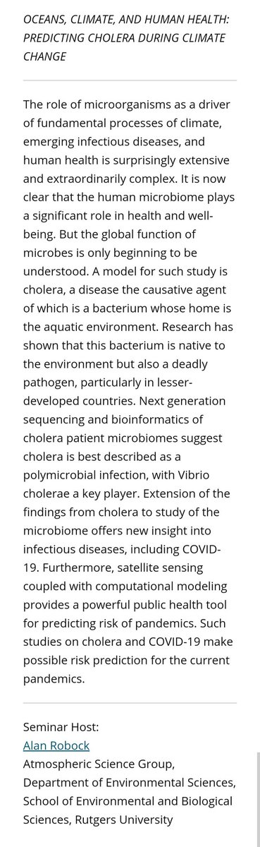 On Friday, 9/8, join <a href="/RutgersEnvSci/">Rutgers Department of Environmental Sciences</a> on Zoom for a talk titled "Oceans, Climate &amp; Human Health: Predicting Cholera During Climate Change" (climatechange.rutgers.edu/events/all-cli…) presented by the esteemed scientist &amp; leader <a href="/DrRitaColwell/">Dr. Rita Colwell</a>.

<a href="/RutgersSEBS/">Rutgers SEBS</a> <a href="/RutgersRCI/">Rutgers Climate Institute</a> <a href="/RutgersNB/">Rutgers University–New Brunswick</a>
