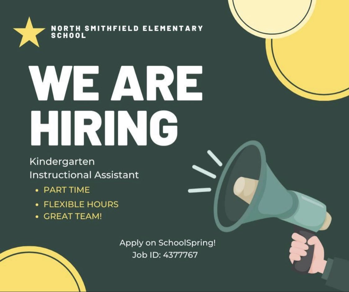 NSES_RI's tweet photo. North Smithfield Elementary is looking for a caring, organized, and nurturing person to join our team! Hours are flexible! If you are interested, please visit https://t.co/0BKesitVy9  to read the job description and to learn more about qualifications. 

The job ID is 4377767. https://t.co/jngor0bPvZ