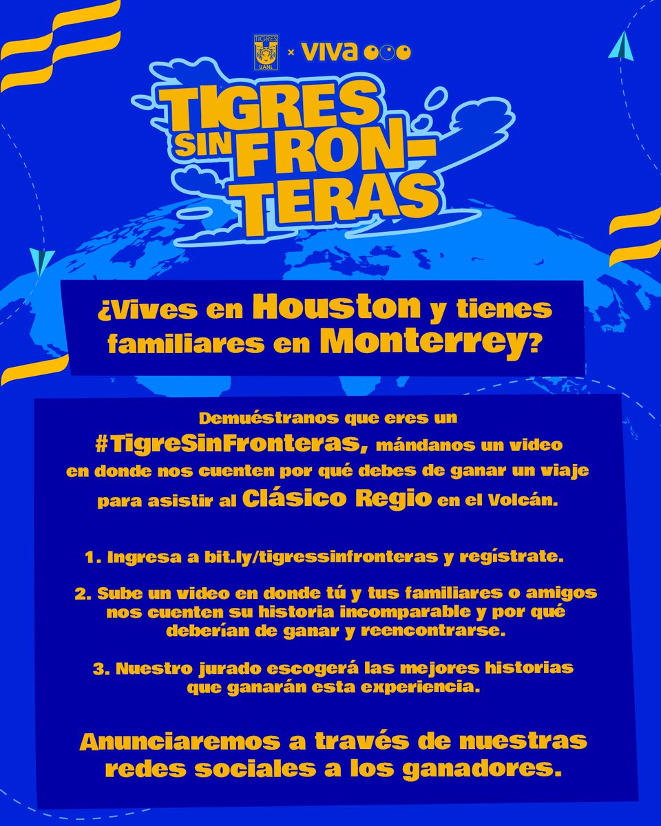 🚨 ¿Vives en Houston y tienes familiares en Monterrey? 👀 🐯👉🏼 ¡Manda tu video 📹 y participa para ganar un viaje ✈️ y asistir al Volcán al Clásico Regio con @VivaAerobus! ¡Regístrate aquí! ➡️ bit.ly/tigressinfront…