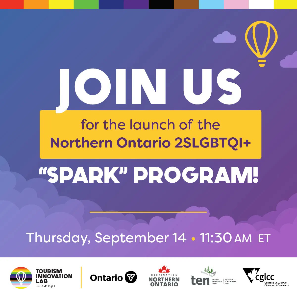 Hey 2SLGBTQI+ community stakeholders, do you have a new tourism idea for Northern Ontario? 

Join us for the virtual launch of the Northern Ontario 2SLGBTQI+ “Spark” Program on Thursday, September 14th at 11:30am ET. 

Please RSVP at:
buff.ly/45Ixb0D

See you there!