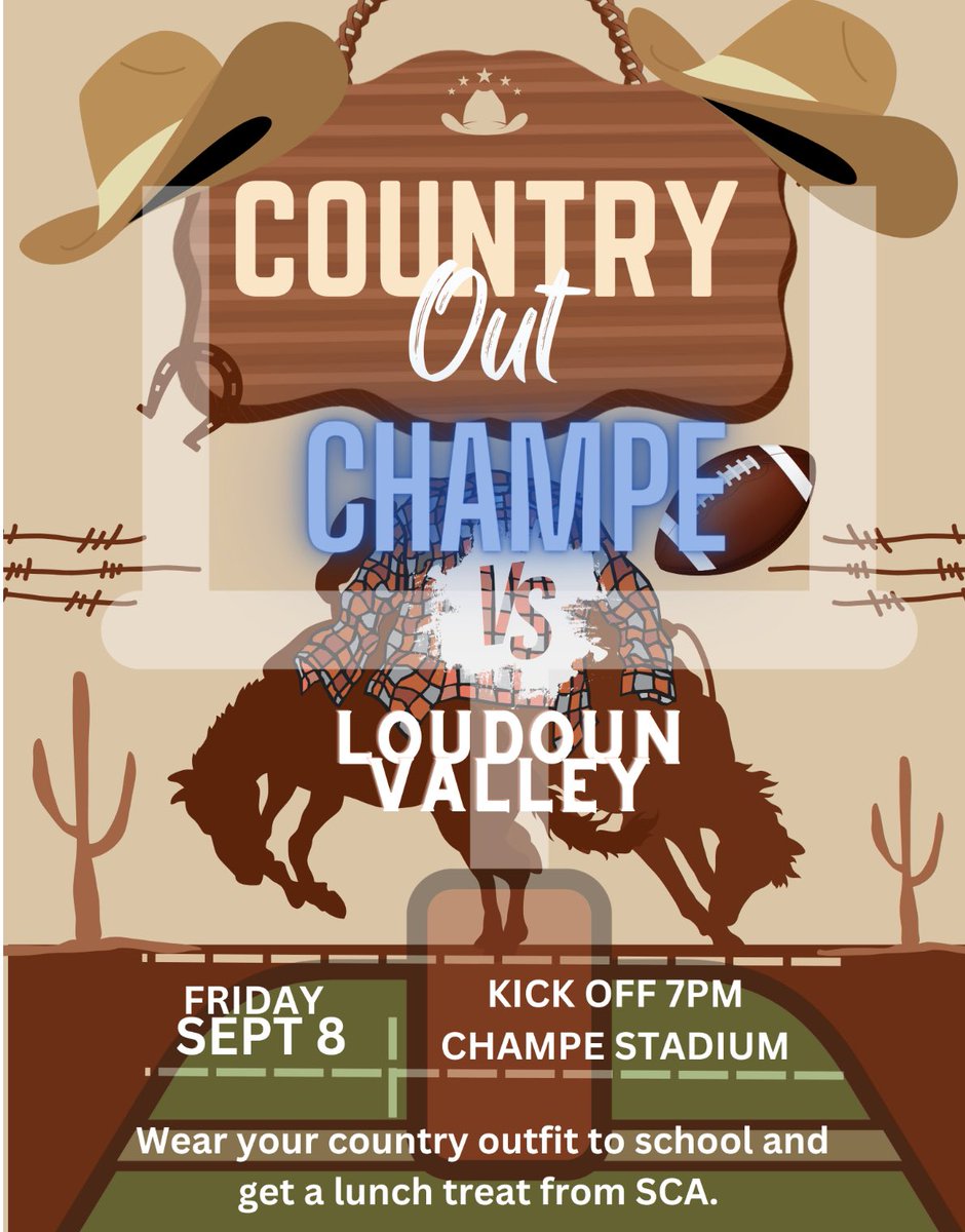 Dust off your boots and round up the Fans! Tomorrow is Country Out as we face Loudoun Valley! Kick Off- 7 pm! We want to see your best outfit at the game! @SolomonTWright1 @mbonner_Champe @sdavis1908 @MrsA_JCHS @LCPSOfficial @TheChampeAD @ChampeKinz #ElevateChampe