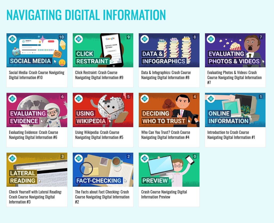 InquiryGroup's tweet photo. A tip for improving students' digital literacy: Incorporate the videos we made with John Green's @TheCrashCourse into your instruction. Topics include how to verify claims on social media, search smarter, and use Wikipedia wisely.
https://t.co/BRviKpD59W https://t.co/jU3mJVRifi
