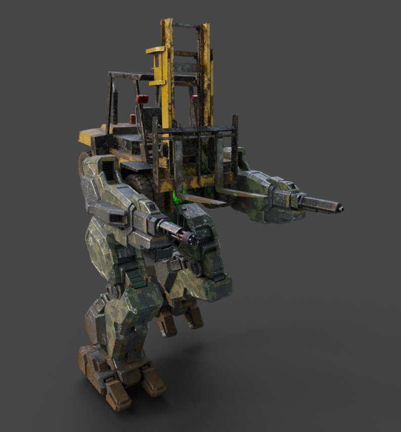 C4K96's tweet photo. Am I taking this too far? Perhaps.
Should I rather go to bed? Yes.
Is it really funny though? Definitely.

May I introduce to you: A big stompy forklift.

#mechwarrior #battletech #forkliftwarrior #Battleforks
#HiredSteel