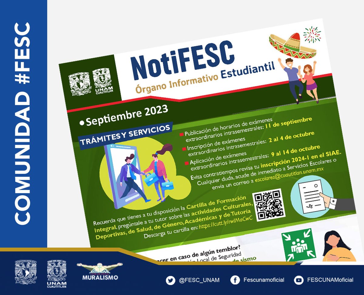 FESC_UNAM's tweet photo. Comunidad #FESCuautitlán #NotiFESC es el medio por el que conocerás actividades, convocatorias, trámites escolares y más.
Consulta el no. de septiembre ➡️ https://t.co/sSxVZ4dok2 https://t.co/TS7xCoQ1gP