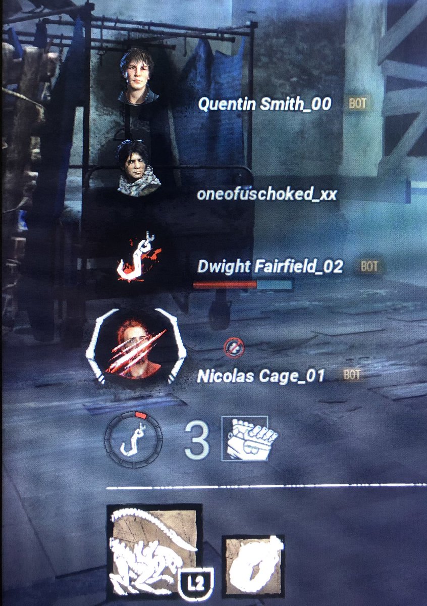 cloudy16313's tweet photo. Three bots at the beginning of my killer match. This is fucking ridiculous. #dbd #bots https://t.co/ou2PmQoc2n