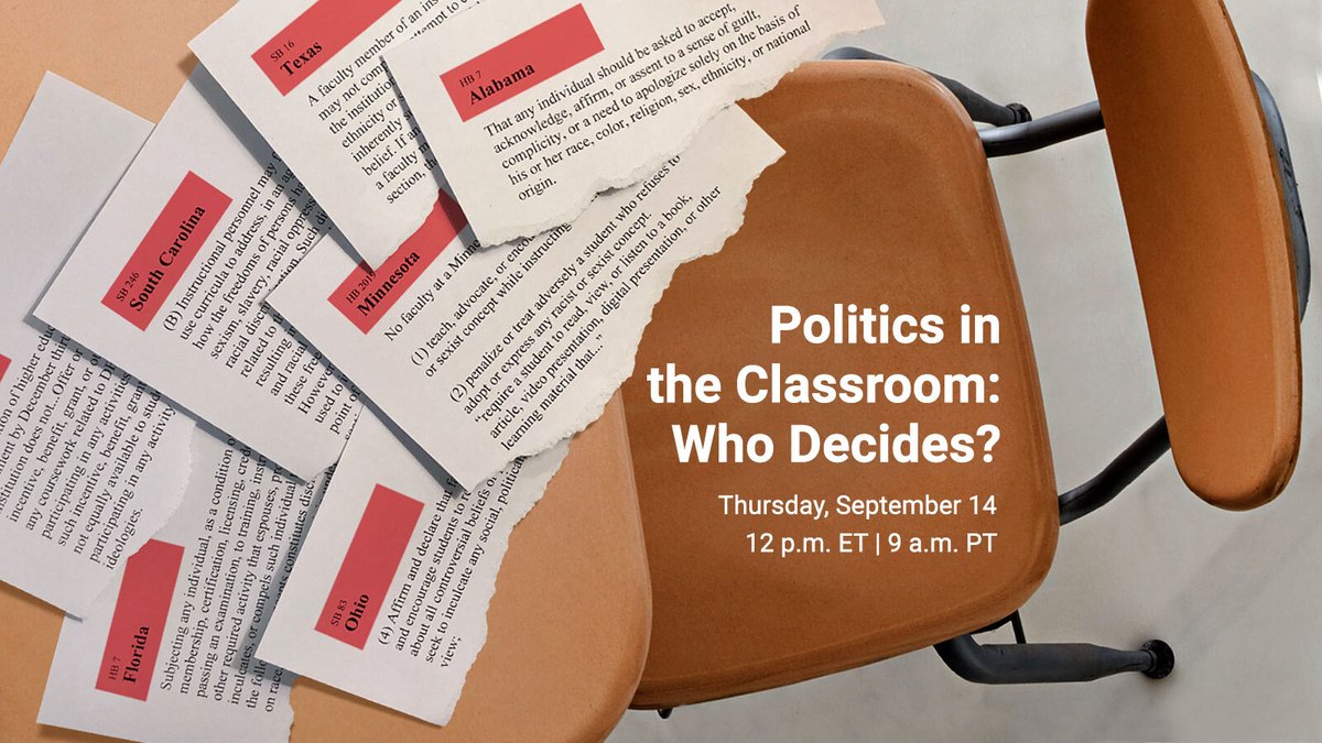 chronicle's tweet photo. Join us on Thursday, September 14 at 12 p.m. EDT for a free virtual discussion about how political interference in the classroom affects teaching, academic governance, and campus climate with senior reporter @EmmaJanePettit and expert panelists: https://t.co/0raNkYhx1F https://t.co/qnQP4UqslX