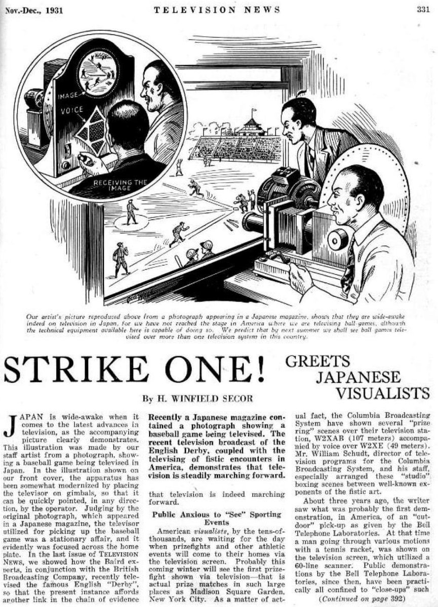 SABRIconography's tweet photo. that the Japanese were far ahead of Americans when it came to televised baseball games. Apparently quite true: the first U.S. televised game came much later, on May 17, 1939, when Priceton took on Columbia at Baker Field. The game was 2/3 https://t.co/BLmKJJZFOd