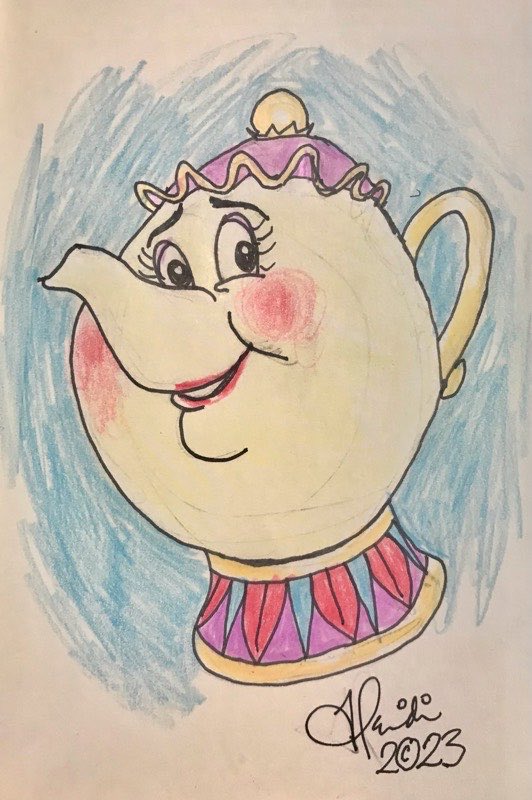 artofmyart's tweet image. I drew this for today's prompt!

Sketchaday #SPOUT 
Mrs. Potts, from Disney’s Beauty and the Beast, played by Angela Lansbury, is a teapot with a SPOUT for a nose!