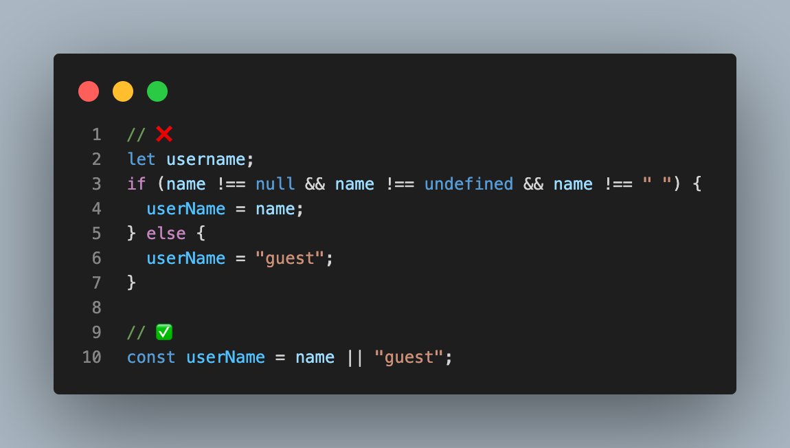glebshkut_dev's tweet image. Code improvement: ✅Use the OR operator for concise assignment!
#JavaScript #CodeSimplicity #ProgrammingTips #webdev #webdevelopment