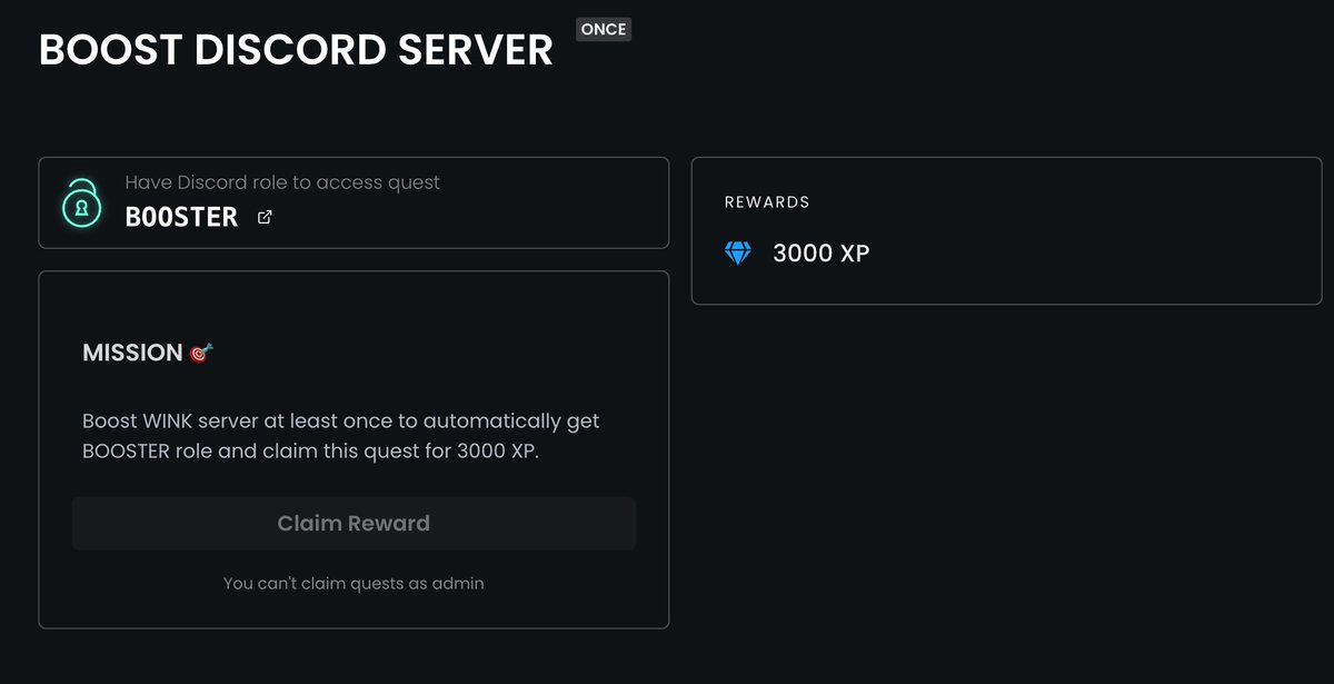 Booster Role + 3000 Zealy XP is up zealy.io/c/winkuniverse… Just boost Discord server and you'll obtain automatically the role, then check the Zealy task and claim your reward. 1 DISCOVER NFT granted to BOOSTER role owners. Zealy Campaign zealy.io/c/winkuniverse Discord…
