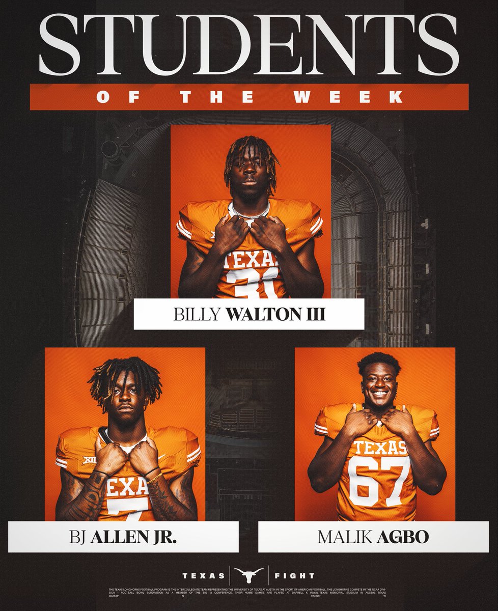 Texas Football (@texasfootball) on Twitter photo Congrats to our students of the week!
<a href="/cantstopbill__/">Billy Walton III</a> x <a href="/BJThaKid04/">Bryan Allen Jr</a> x <a href="/malik_agbo/">Malik Agbo👾</a> 🤘 Congrats to our students of the week!
<a href="/cantstopbill__/">Billy Walton III</a> x <a href="/BJThaKid04/">Bryan Allen Jr</a> x <a href="/malik_agbo/">Malik Agbo👾</a> 🤘