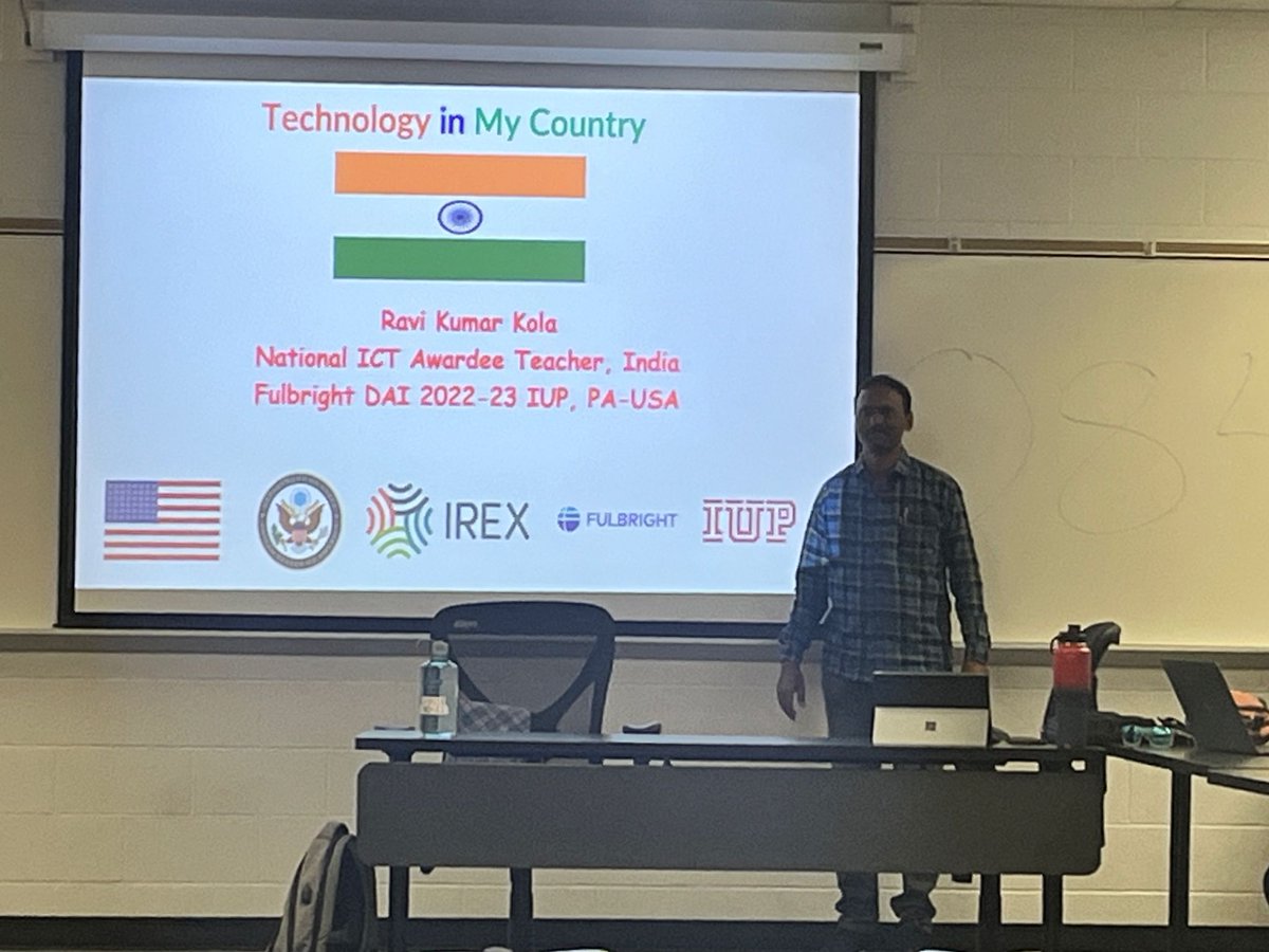 RaviKumarKola2's tweet photo. My presentation about "Technology in My Country" during the Tech Workshop at Indiana University of Pennsylvania, USA and shared digital initiatives at National level and State level.
#usief
#ncert 
#fulbrightteacher
#IREX https://t.co/3gzSXXfqe6