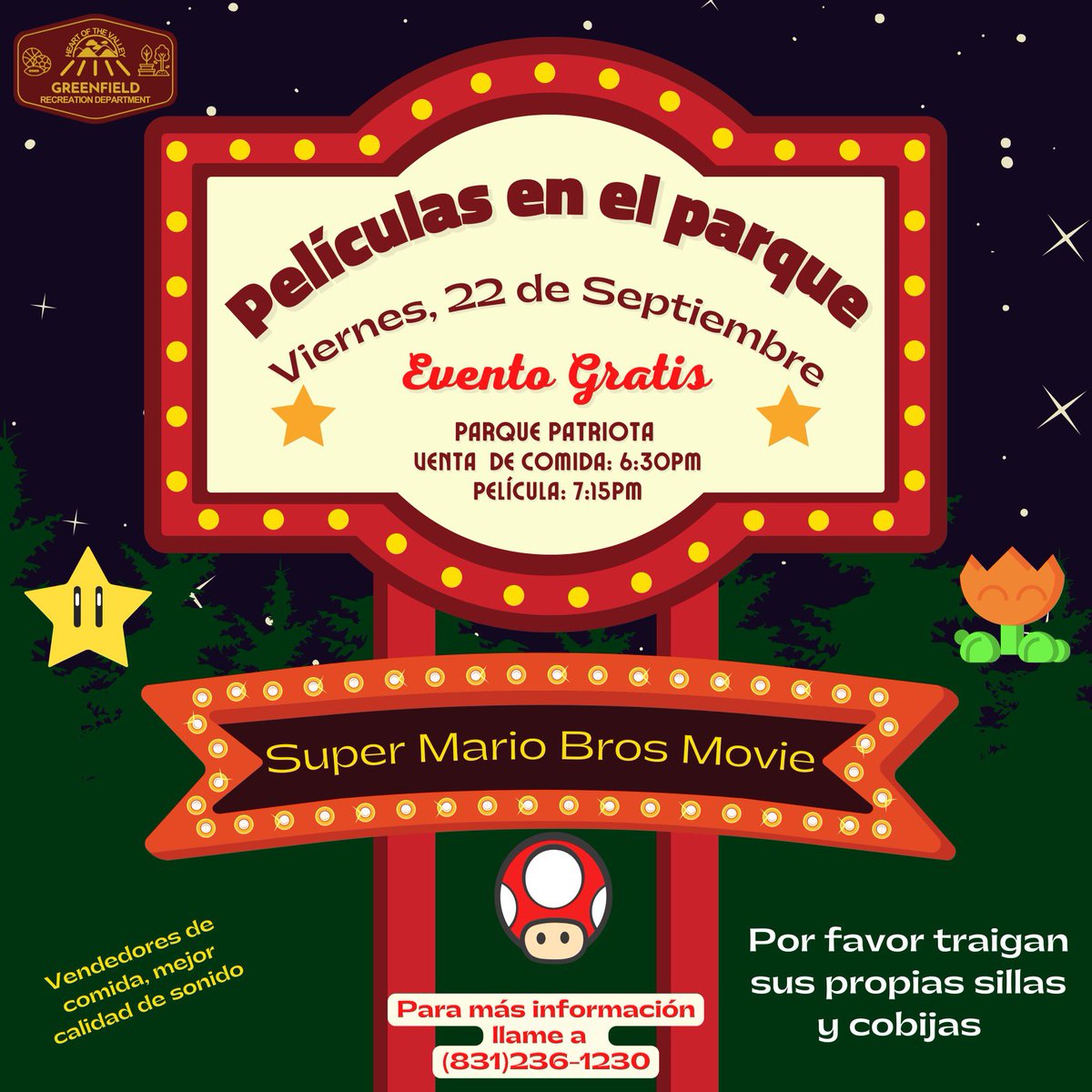 Movies in the park is back 🥳🎬🍿
🗓️ Sept. 22nd 2023
📍 Patriot Park 
Read flyers for more info