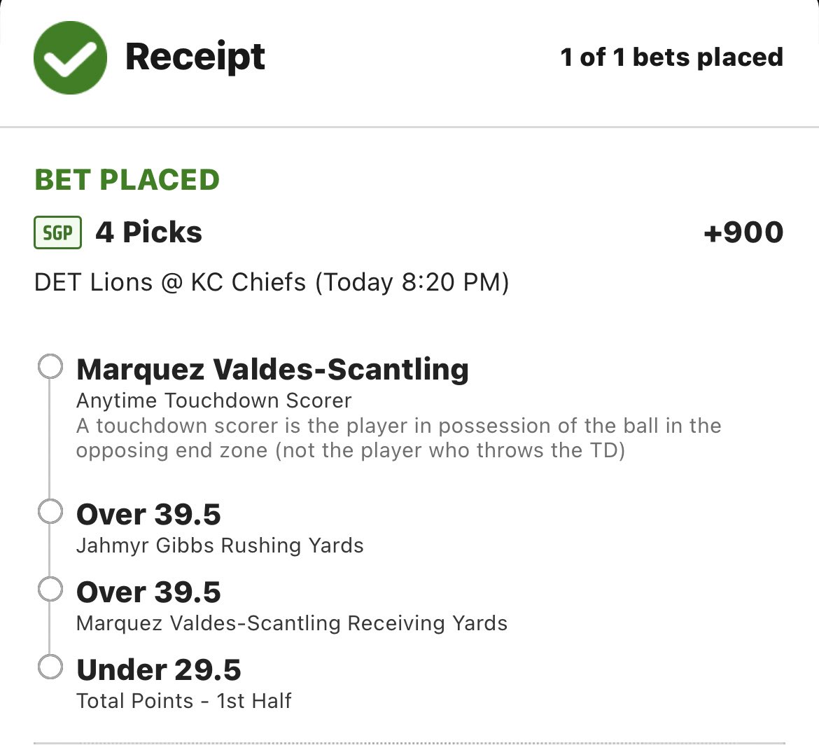 BDE__BETS's tweet photo. PARLAY PLAY 💥

MVS - Anytime TD
MVS - Over 39.5 Rec Yds
Gibbs - Over 39.5 Rush Yds
1H - Under 29.5 Total

Combined = +900🤑

LETS RIDE 😎

#NFL #nflbets #NFLisback #NFLKickOff2023 #NFLPicks #ChiefsKingdom #Chiefs #Lions #LionsVsChiefs #thursdayvibes #TNF #ThursdayNightFootball https://t.co/mAdO4cPPgg