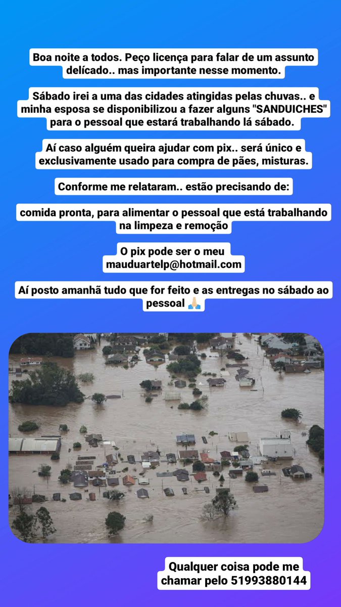 omaulopes's tweet photo. Quem quiser ajudar.. contém comigo. 

#Solidariedade
#Enchentes
#RS https://t.co/8W48E3x3Fb