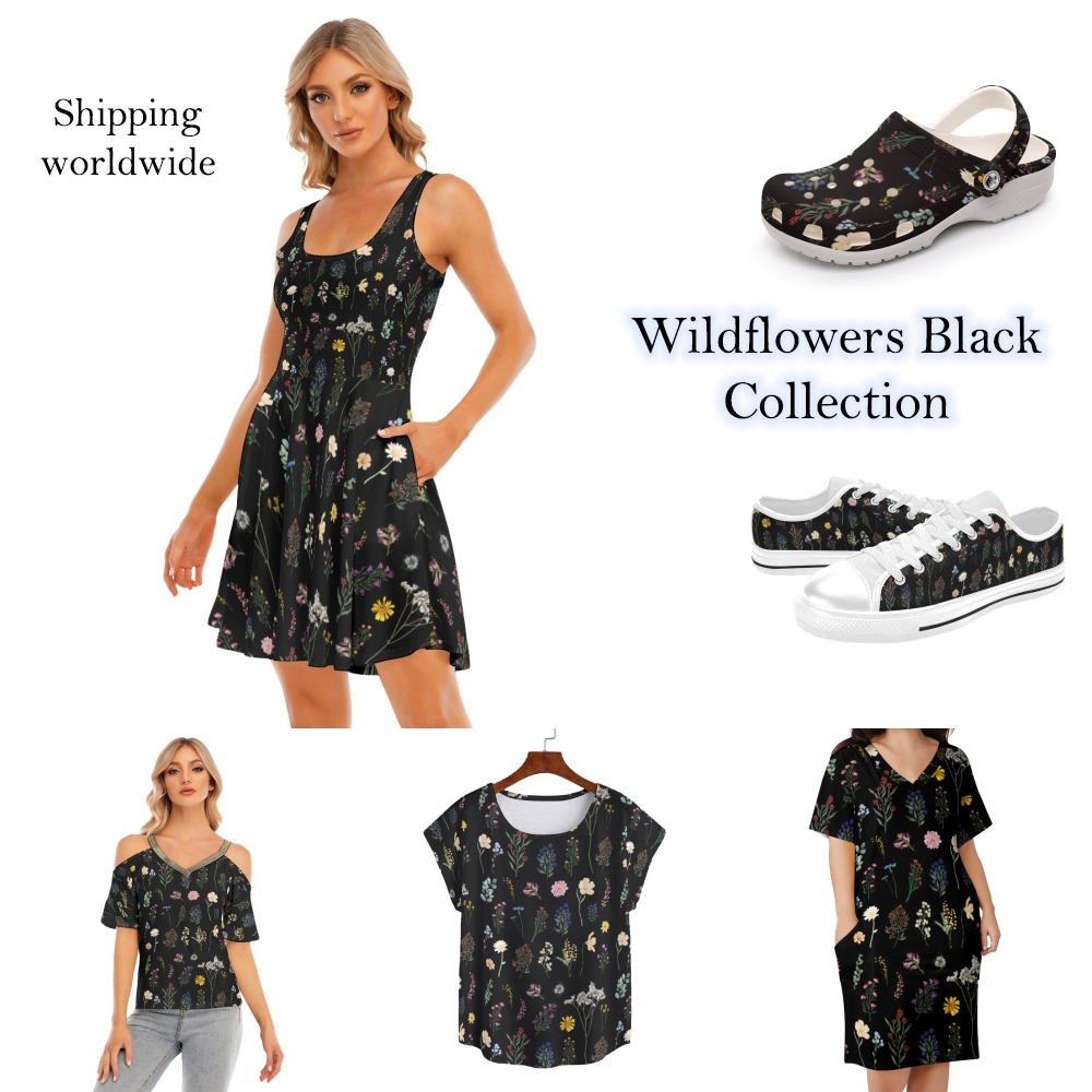 The Wildflowers Black collection.  Shop at ppddesigns.com.

#wildflowers #clothing #clothes #shoes #imitationcrocs #fakecrocs #cute #blacktops #blackdresses #littleblackdress #clothesforwomen #ladiesclothing #shopping #shopclothes #shopdresses #fashion