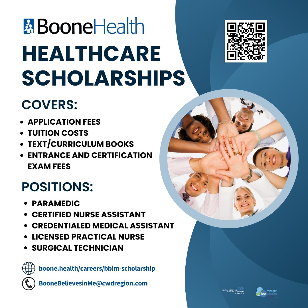 🏥 Ready to step into healthcare? 🌟 Central Workforce Development Region &amp; <a href="/boonehealth/">Boone Health</a> present Boone Believes In Me Scholarships! 🎓 Get ready for a journey with covered expenses and a chance to work while you train. Learn more: boone.health/careers/bbim-s…