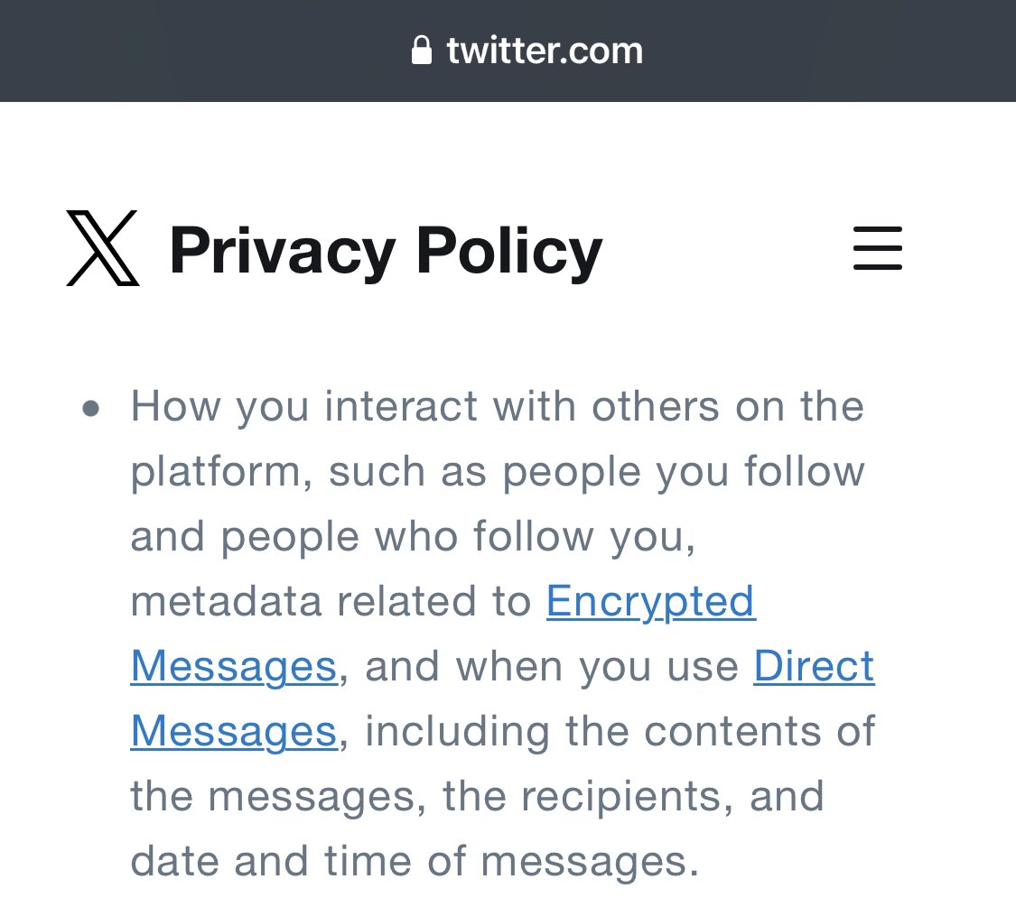 leahmcelrath's tweet photo. HEADS UP

This platform is now collecting information on THE CONTENT OF DIRECT MESSAGES (not just metadata, but the actual content):

⚠️ https://t.co/G71mhmJiVY https://t.co/Z4QFMCFghv