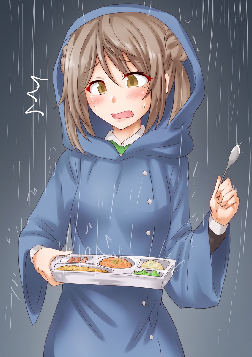 michishio (kancolle) 1girl solo raincoat double bun rain hair bun short twintails  illustration images